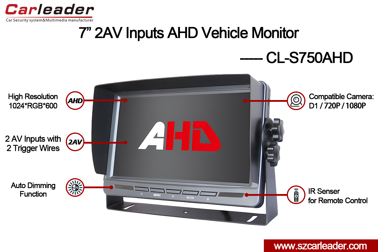 Truck အတွက် ၇ လက်မ 2AV AHD Reversing Monitor