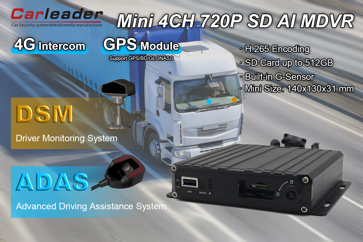 4CH AHD 1080P SD ကတ် AI MDVR ပံ့ပိုးမှု DSM ADAS