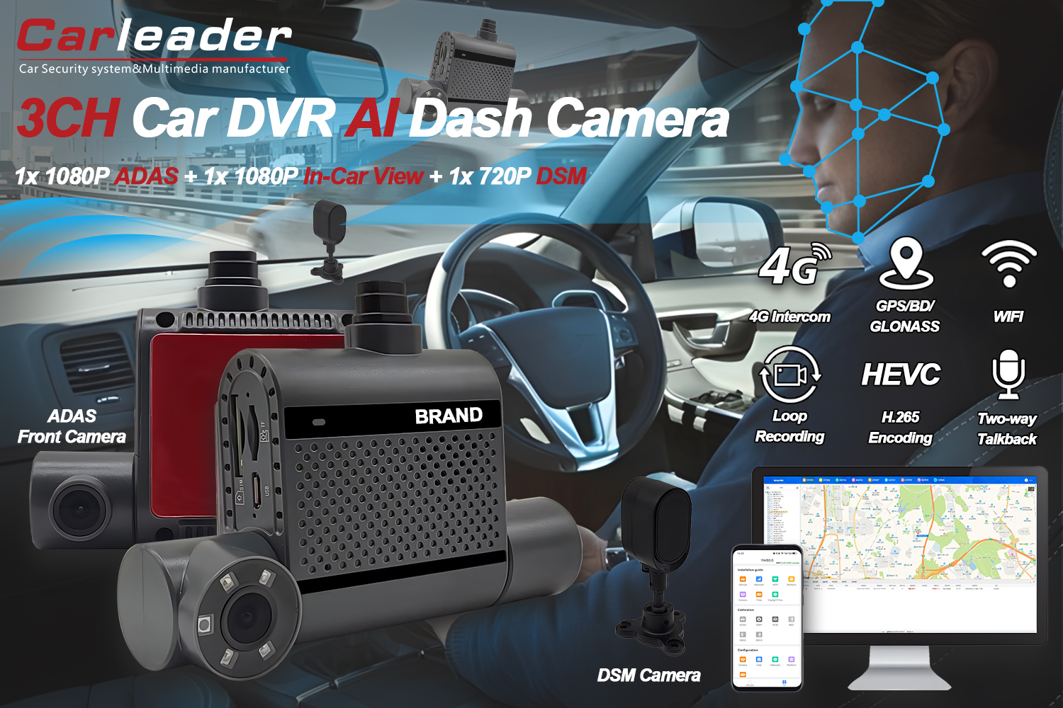 ADAS နှင့် DSM ပါသော 4G Dual AI Dash Camera