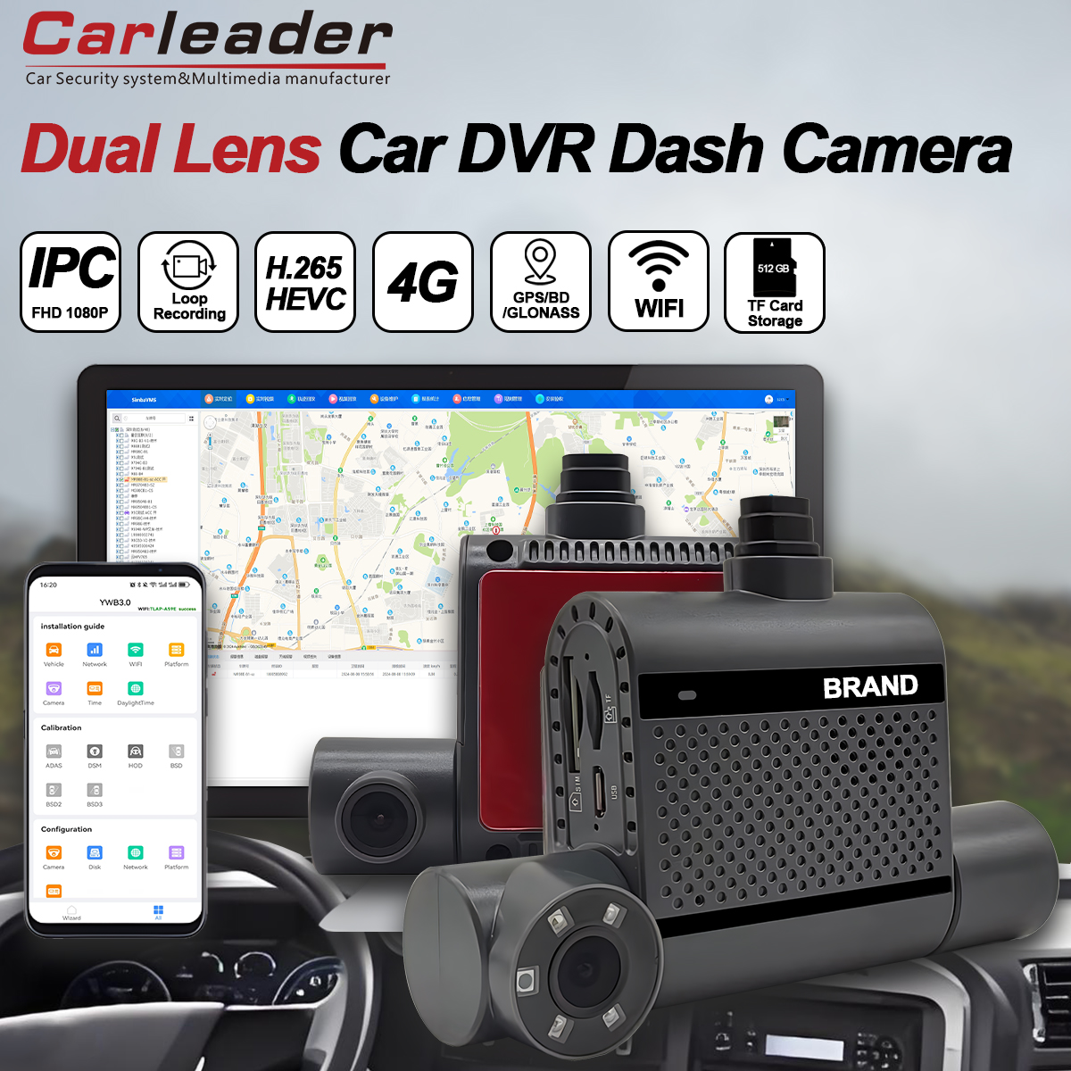Carleader dual-carual dual-car 2ch HD 1080p Car Dash ကင်မရာဖြင့်လုံခြုံသော Fleet Mangement
